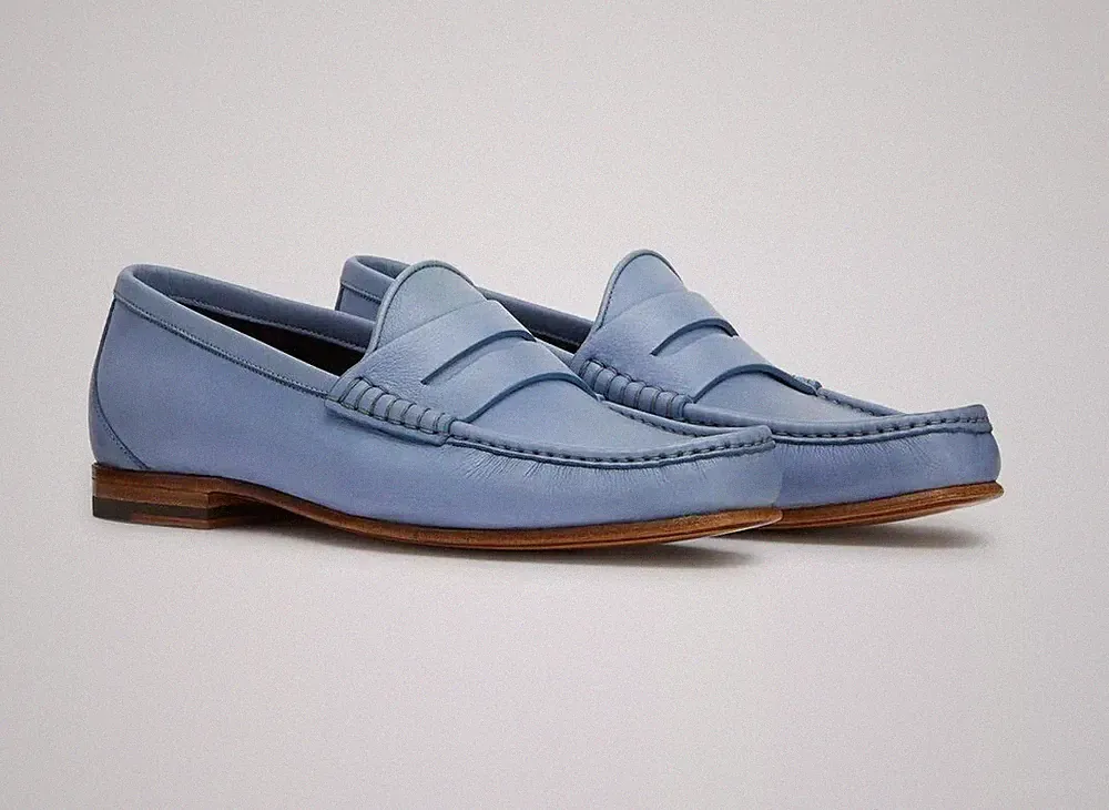 Handmade Genuine Leather Shoes Slip On Penny Sky Blue Loafers Formal Dress Shoe