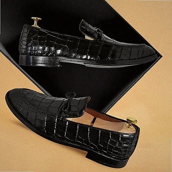Handmade men black crocodile Leather loafers, formal men dress slip on shoes