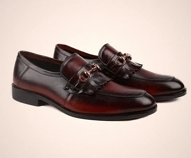Handmade Men burgundy leather fringe penny loafer, Men leather fringe moccasins