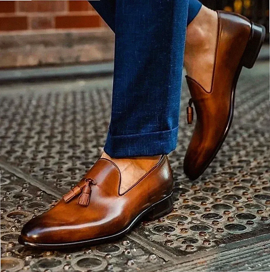 Handmade Men's Brown Leather Formal SlipOn Dress Tasseled Loafer Shoes For Men