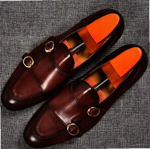 Handmade Men's Leather Burgundy Color Double Monk Loafers