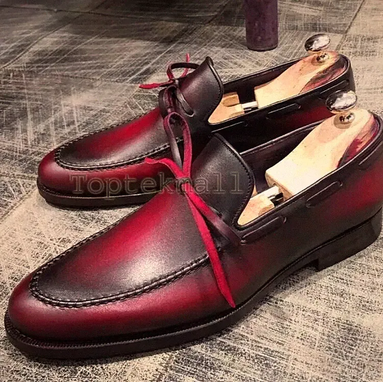 Handmade Men's Leather Burgundy Loafers Slip Ons Spring Casual Stylish Shoes