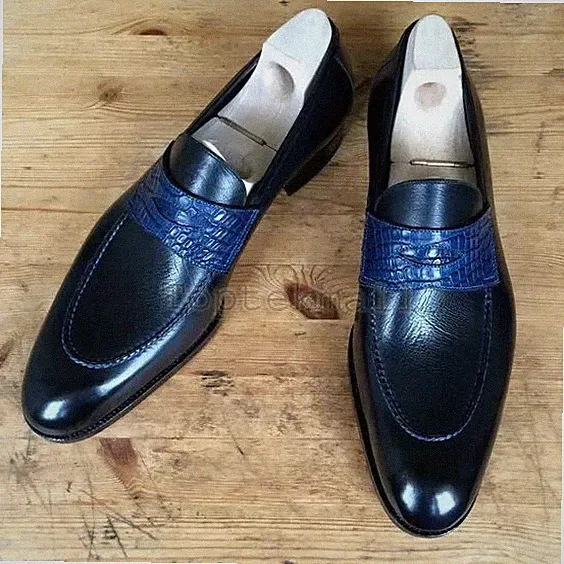 Handmade Men's Leather Loafers Slip ons New Style Chelsea Chukka Blue Shoes