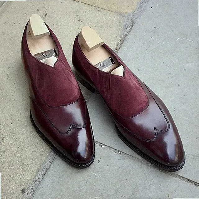 Handmade Men's Leather Shoes Two Tone Burgundy Loafer Formal Dress Boot