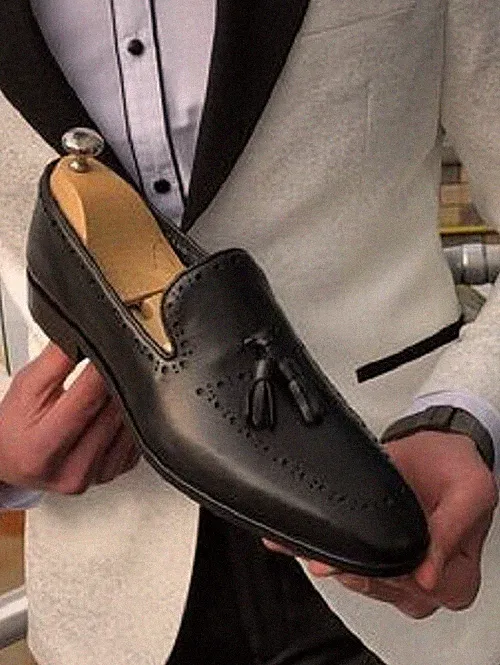 Handmade Mens Leather moccasins shoes slip ons, Men black leather tassels shoes