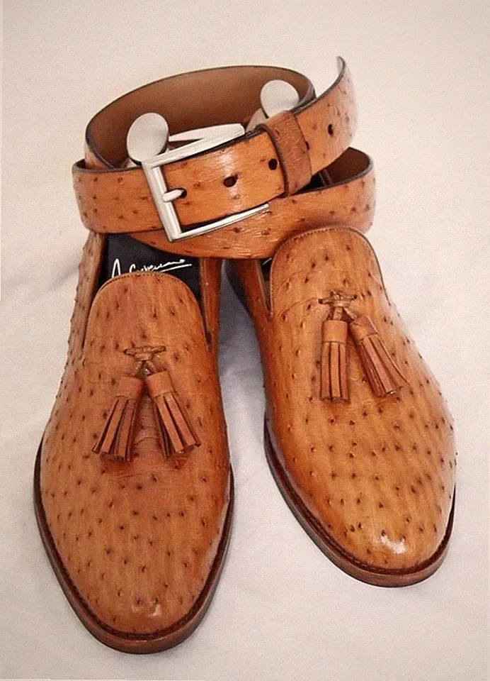Handmade New Men's Leather Shoes, Tan Ostrich Pattern Loafer FootWear With Belt