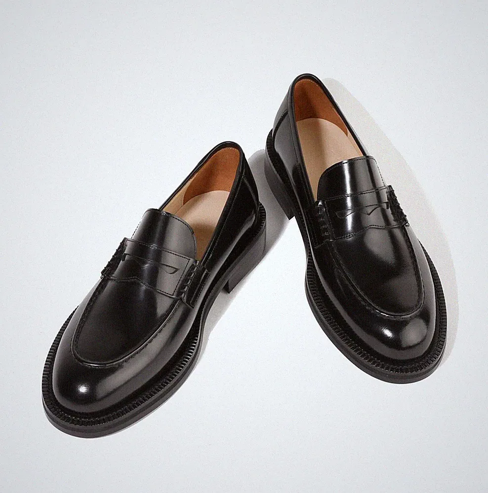 Handmade Polished Black Leather Shoes Men Apron Toe Penny Loafers Slip-Ons