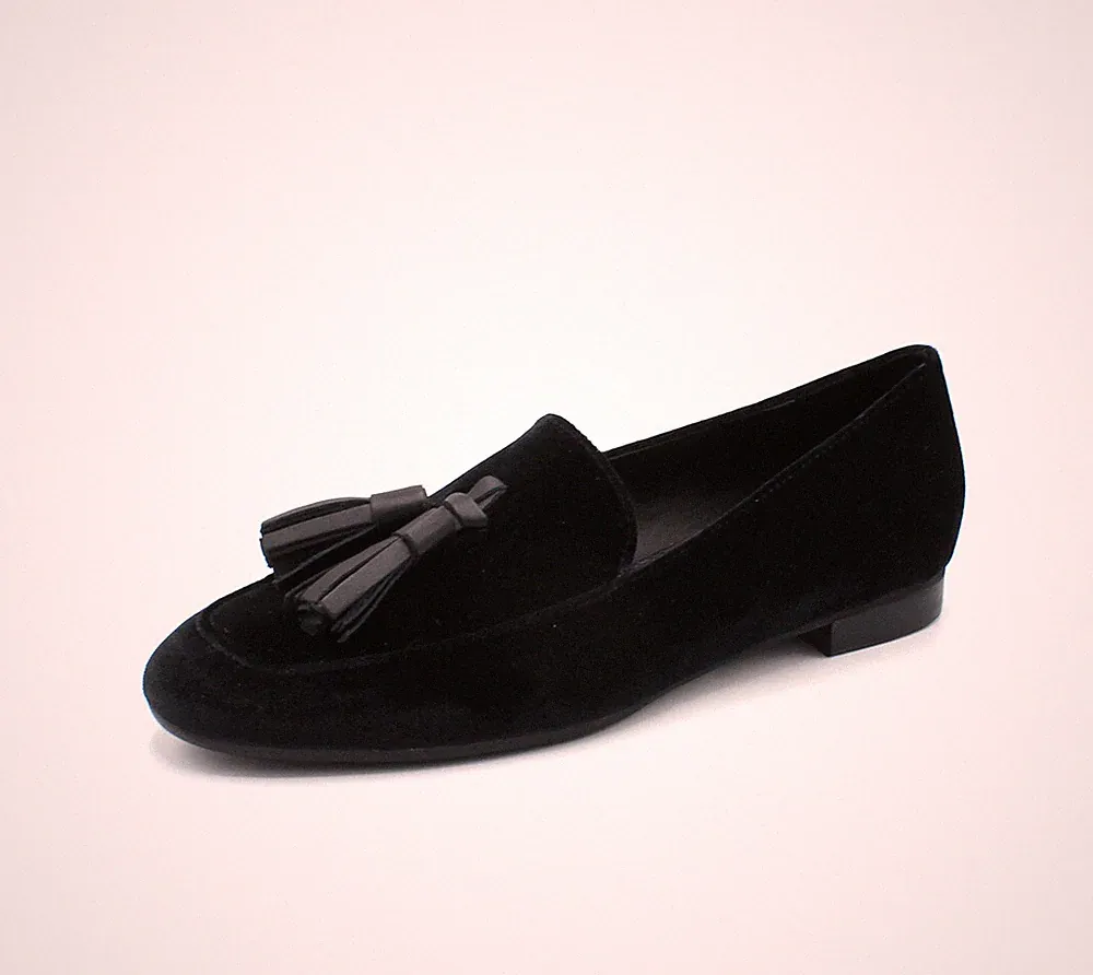 Hegon Damen Halbschuhe Halbschuhe Samt Echtleder Schwarz mit Quasten