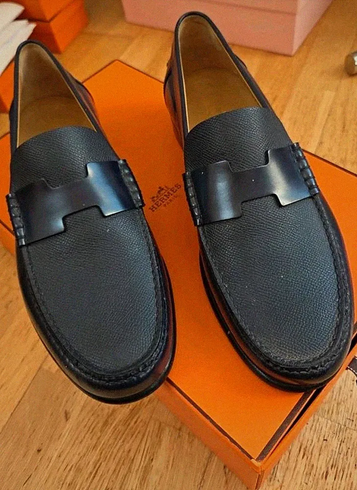Hermès Kennedy Penny Loafer Slip-On Leder Blau H-Element Herren EU 42