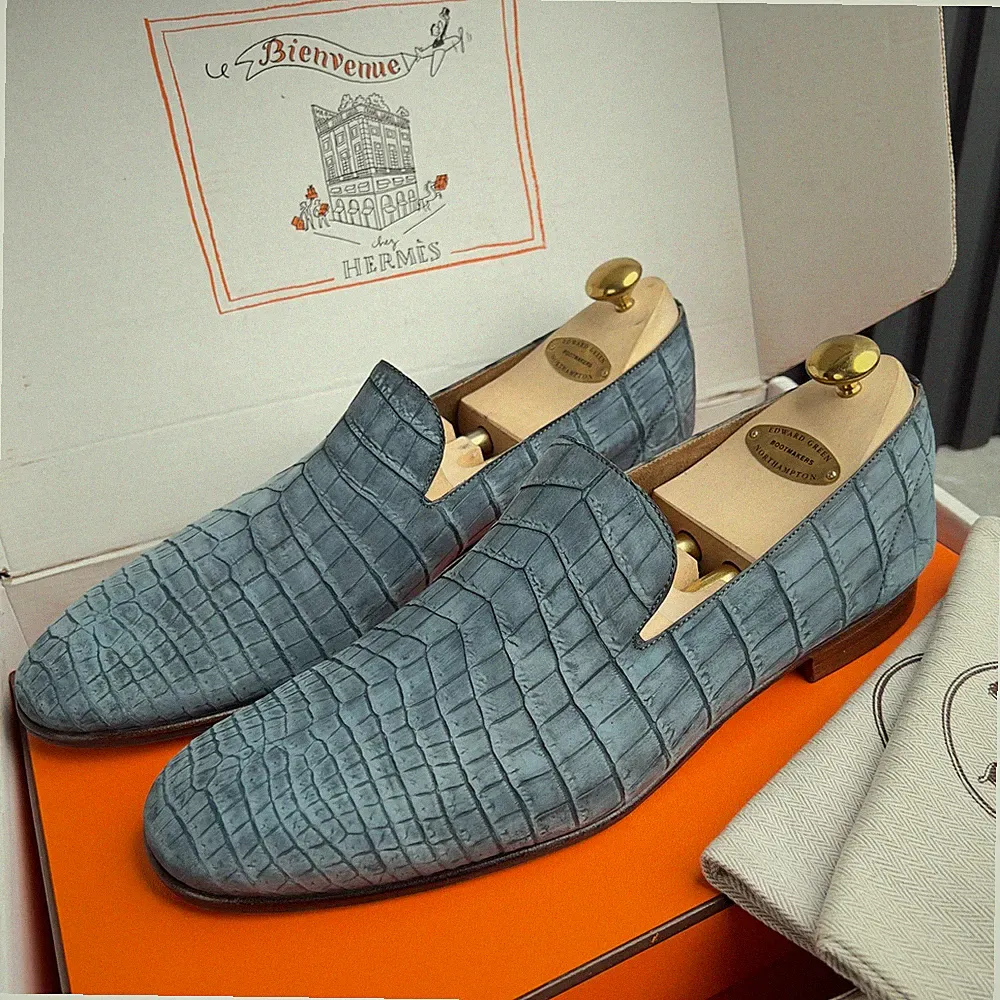 Hermès Wholecut Loafer Crocodile Alligator Blau Leder 44 EUR + Schuhspanner