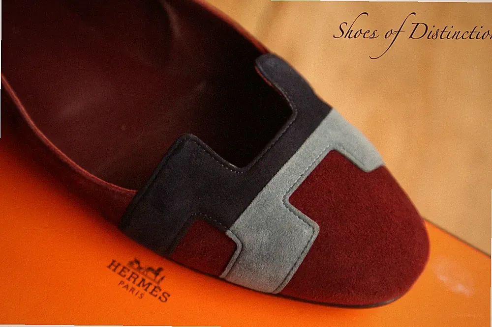 Hermes Burgund Blau Wildleder H Halbschuhe Schuhe Damen UK 4,5 US 7,5 EU 37,5