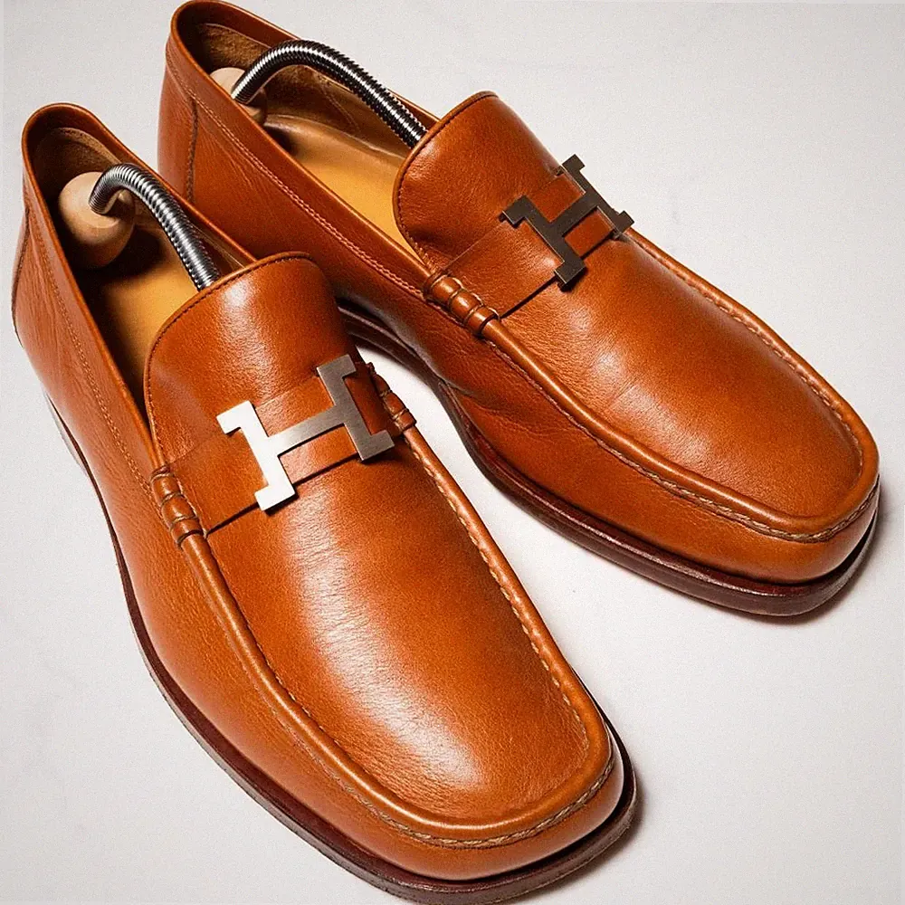 HERMES H Logo Leder Loafer Mokassins Hellbraun 26cm Italy Made 062477d