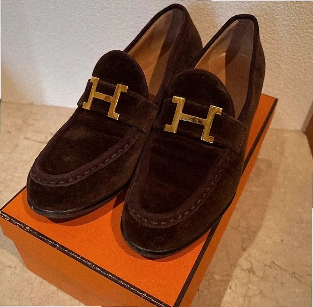 HERMES Halbschuhe Schuhe H Logo EU 36,5 US 6,5 Wildleder Dunkelbraun Original