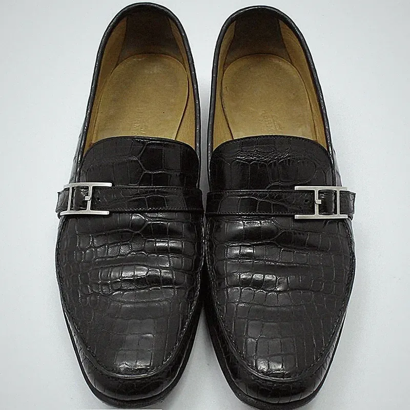 Hermes Leder Halbschuhe d schwarz mit H Logo in Silber 40 73450029 [U]