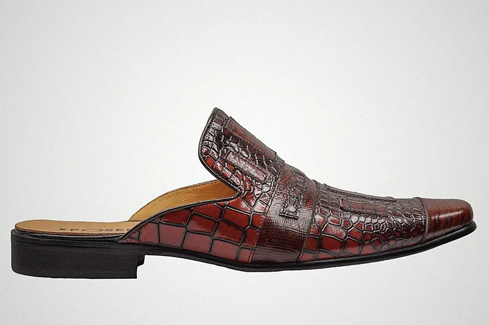 Herren Braun Krokodildruck Echtleder Halbschuhe Rückenfrei Pantoletten Halbschuhe