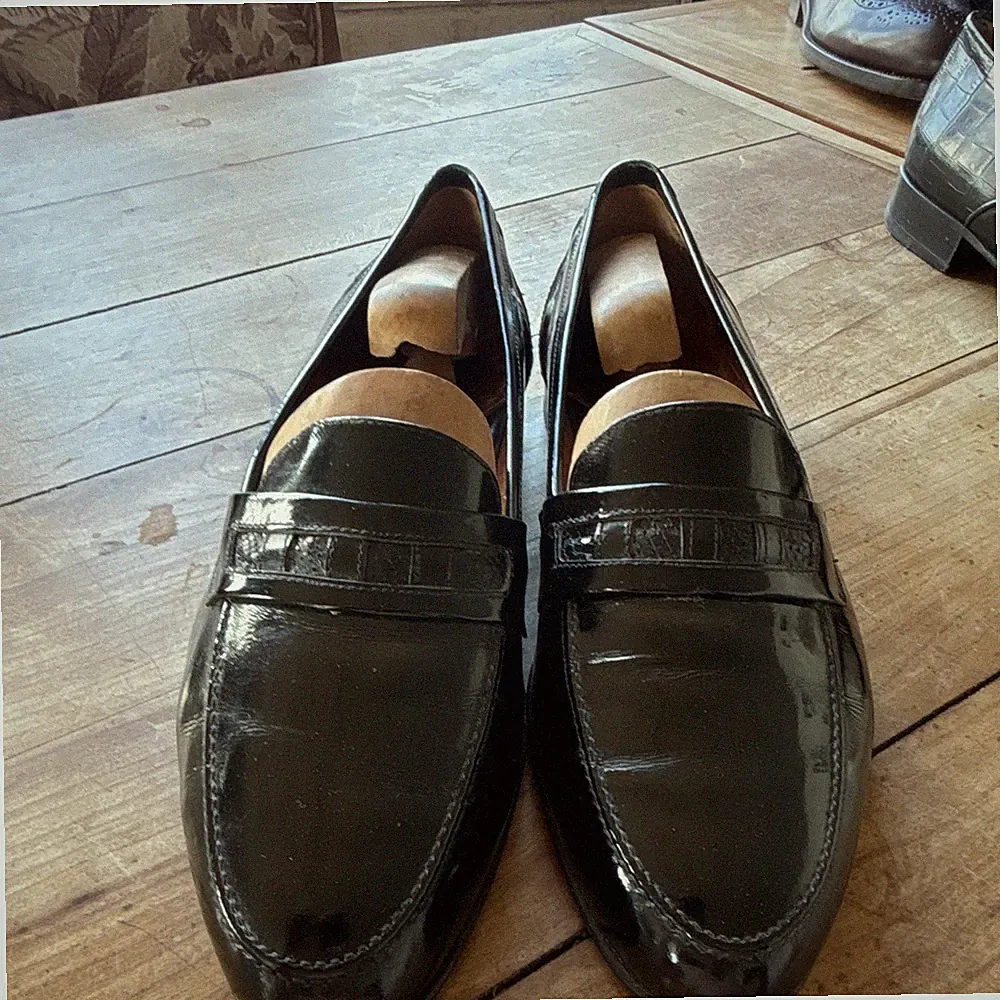 Herren Business Loafer Slipper Schwarz Leder Slip-On rund glänzend EU 44
