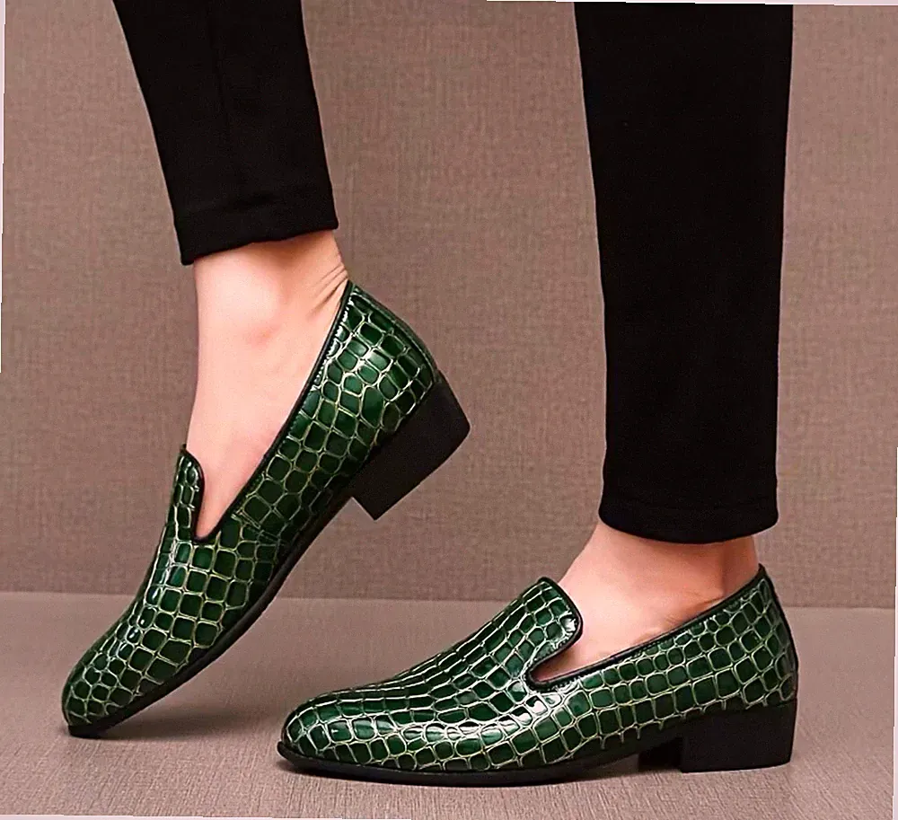Herren Business Slip-On Loafer grün Kroko-Reptilienprägung spitz PU EU 42