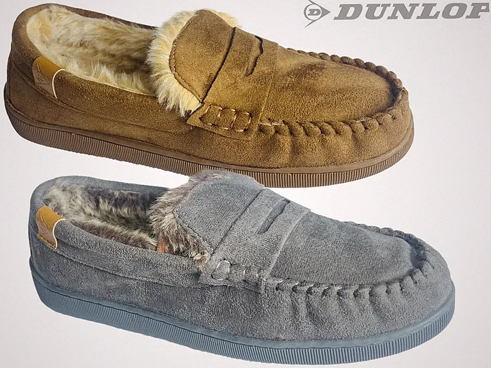 Herren Dunlop Mokassin Slipper Memory Foam Kunstfell gefüttert Komfort Halbschuhe