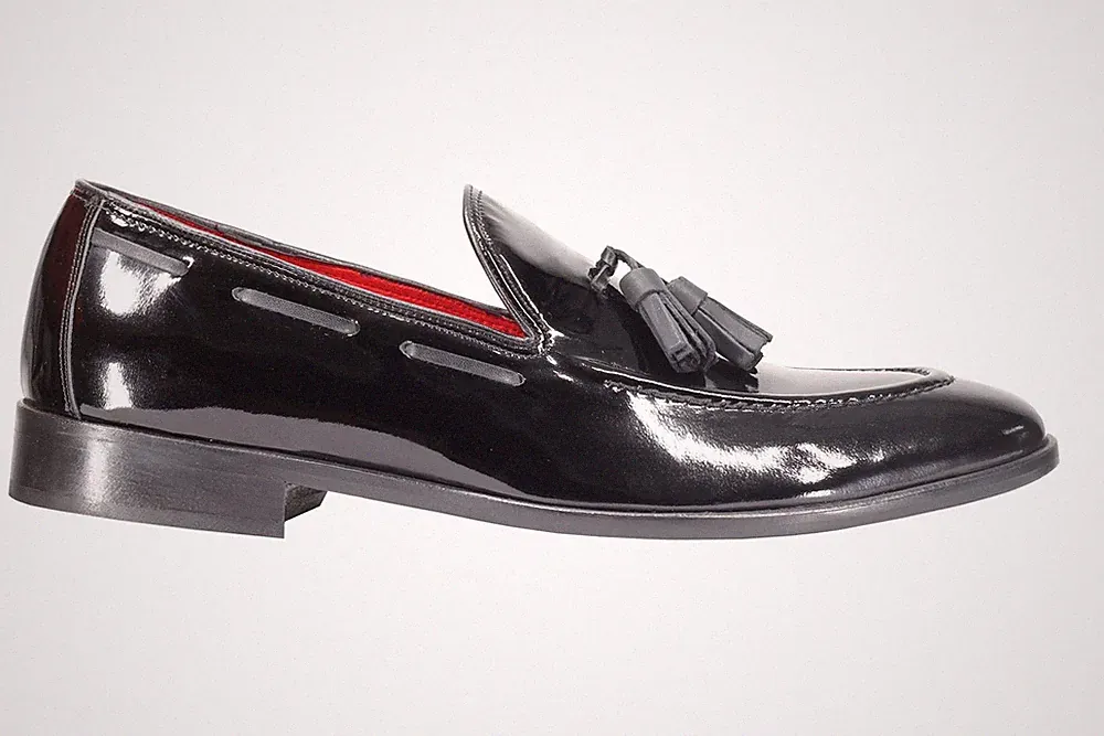 Herren Echt Glänzende Leder Quaste Halbschuhe in Schwarz