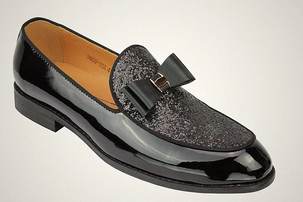 Herren Glänzend Glitzer Fliege Hochzeit Elegant Schwarz Leder Halbschuhe