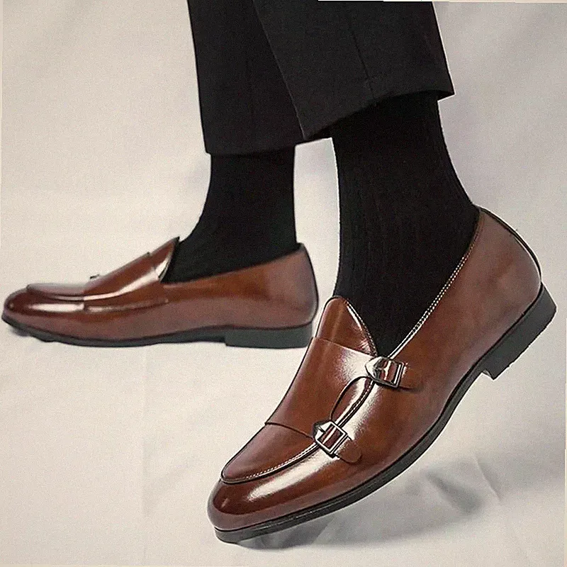Herren Halbschuh Braun Elegant Doppelschnalle Slipper Business Casual Q8L4M