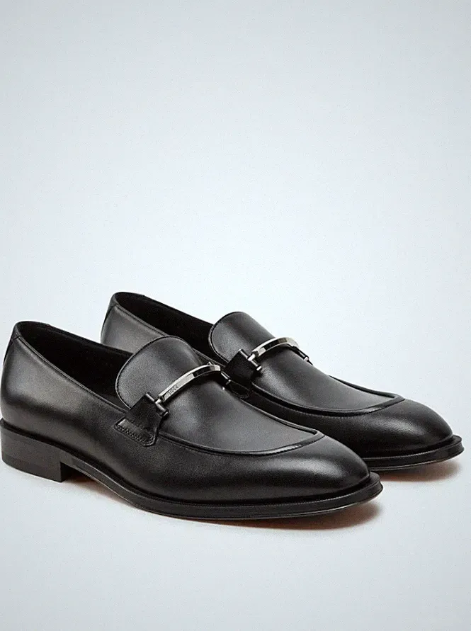 Herren Halbschuhe Boss Schwarz Pull-On Leder Mokassins mit Logo - Derrek Loaf Größe 8