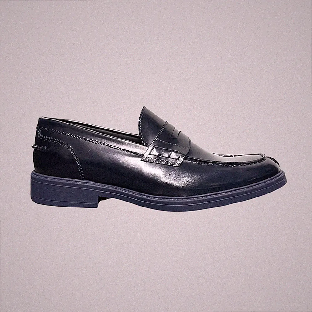 Herren Halbschuhe Klassische Schuhe Penny Loafers Glänzendes Leder Blau Made in Italy