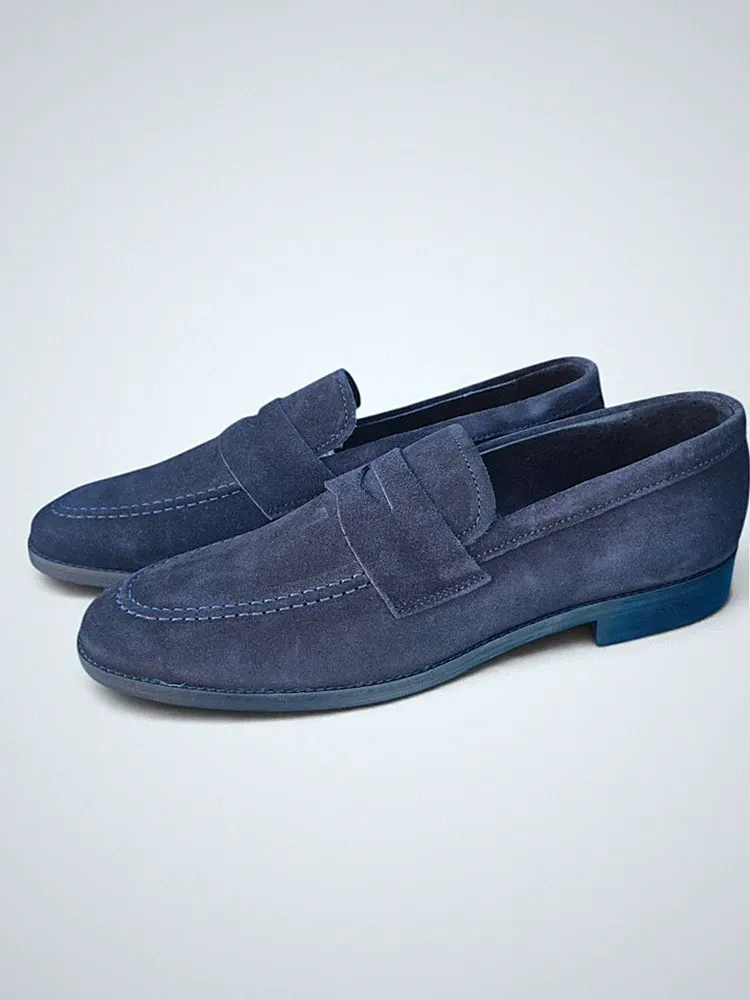 Herren Halbschuhe Neu Blau Wildleder Penny Loafer Elegant Casual Echtleder Italien