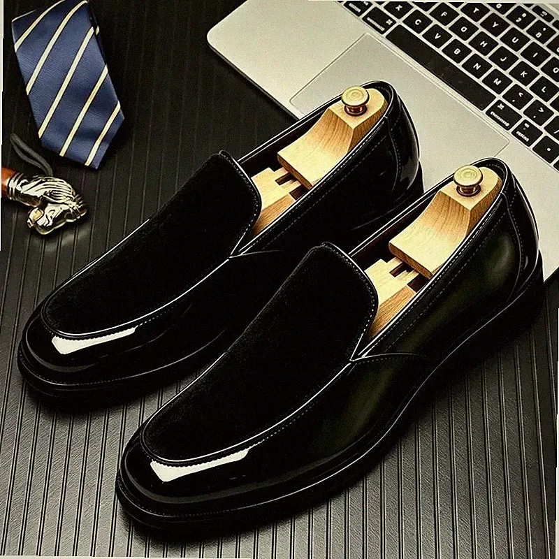 Herren Halbschuhe Schwarz Lack Elegant Slipper Samtoptik Zeremonie - J4P8X