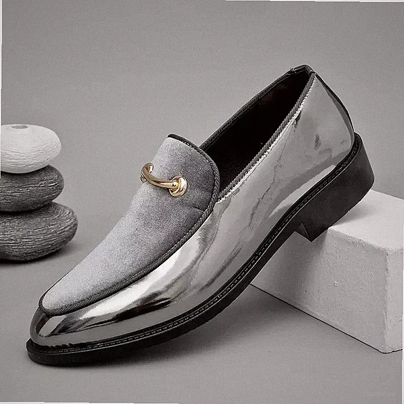 Herren Halbschuhe Silber Elegant Hochglanz mit Samt und Klemme Luxury 5R8XT
