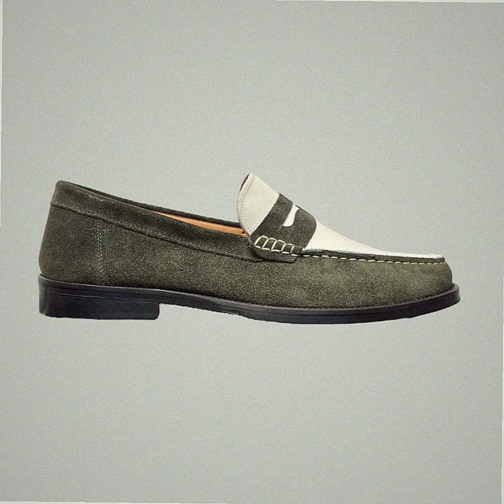 Herren Halbschuhe Wildleder grün Leder weiß Lederboden Made in Italy Loafers