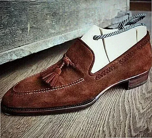Herren Handgefertigt Braun Wildleder Leder Tasseled Schuhe Slipper Halbschuh Schuhe für Männer