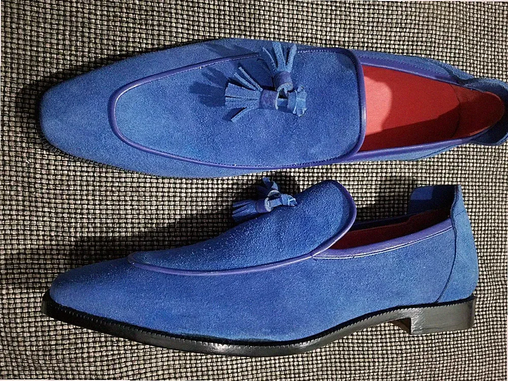 Herren Handgefertigt Echt Blau Wildleder Halbschuhe Slipper Mokassins Tussles Formeller Schuh