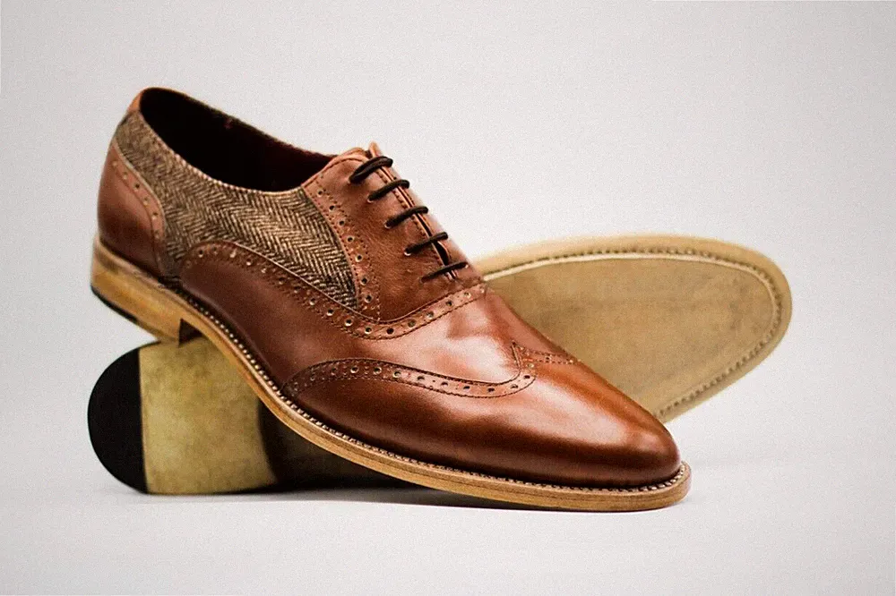 Herren Handgefertigt Echt Braun Leder & Stoff Oxford Brogue Budapester Schnürschuh