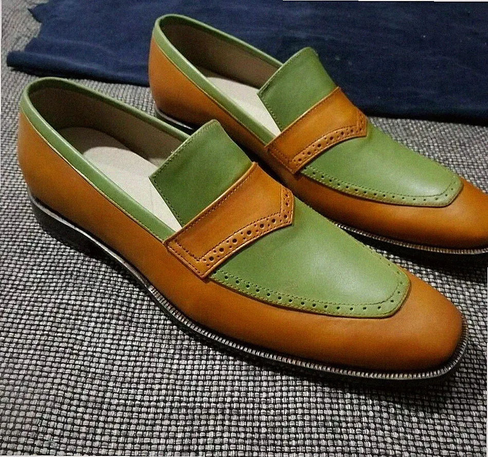 Herren Handgefertigt Echtleder Zweifarbig Halbschuhe Slipper Mokassins Formelle Schuhe