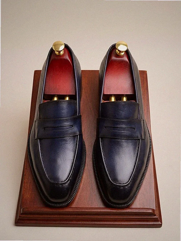 Herren Handgefertigt Marineblau Slipper Halbschuhe Leder Oxford Knöchel Mokassin Stiefel
