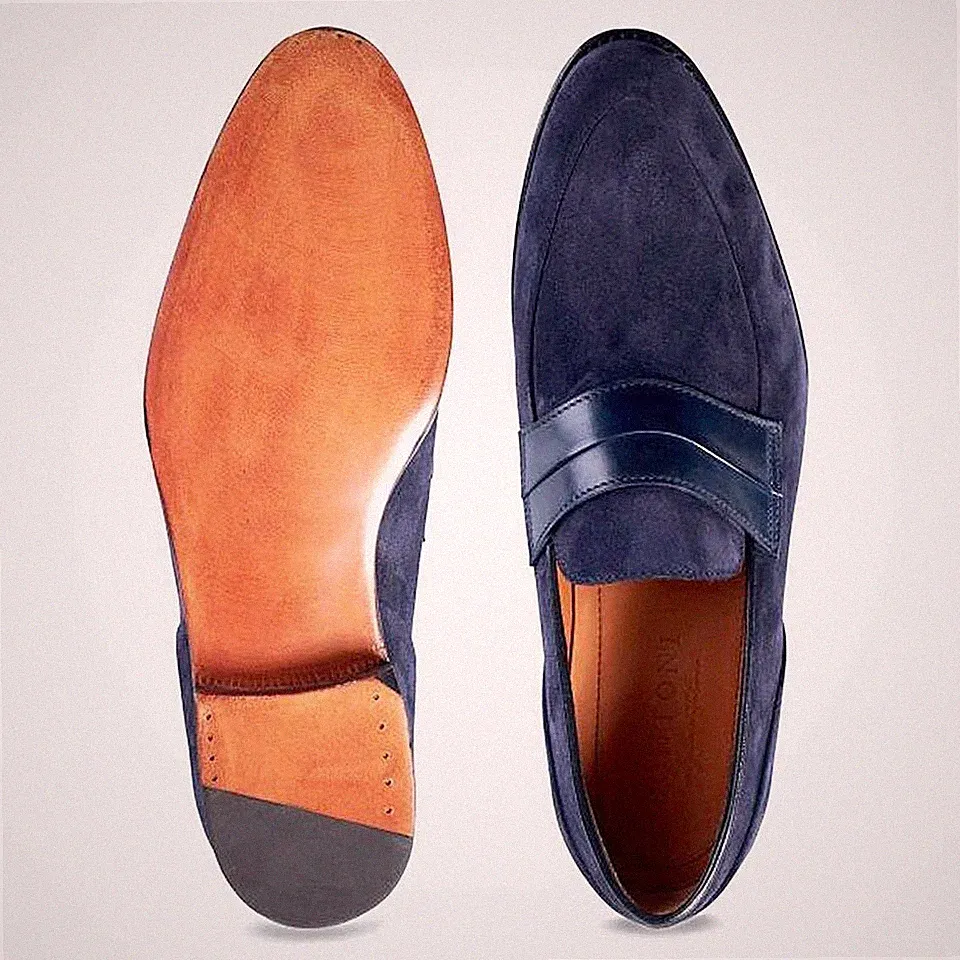 Herren Handgefertigt Schuhe Blau Wildleder Runde Spitze Mokassin Formell Elegant Freizeitkleidung Stiefel
