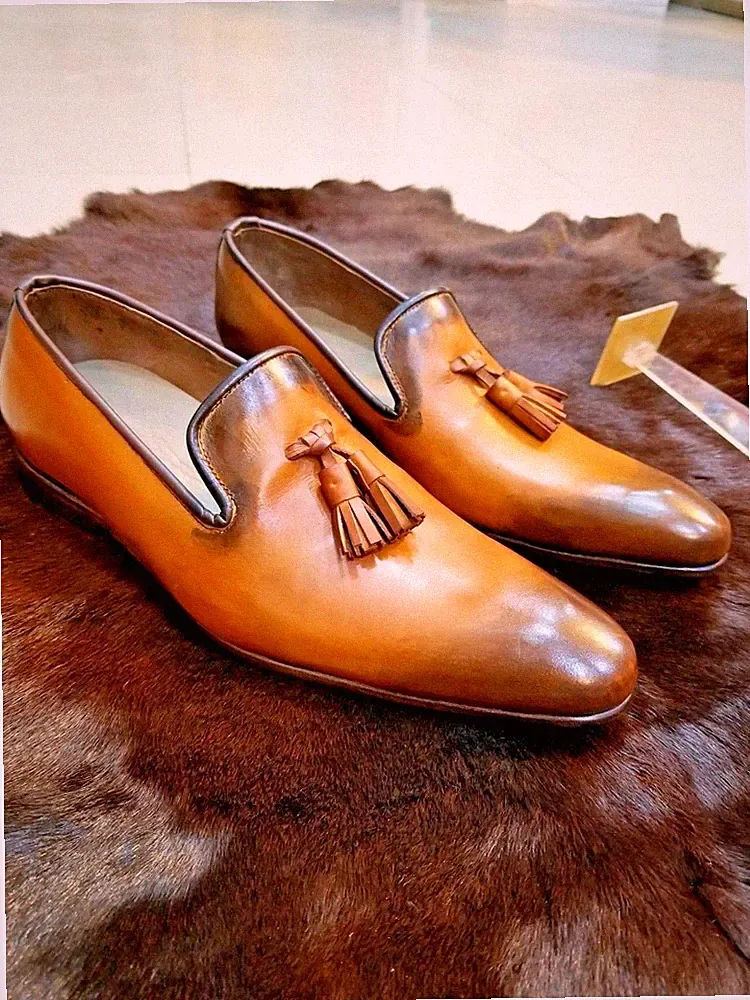 Herren Handgefertigt Schuhe Hellbraun Leder Mokassins Halbschuhe Slipper Quaste Formell Stiefel Neu