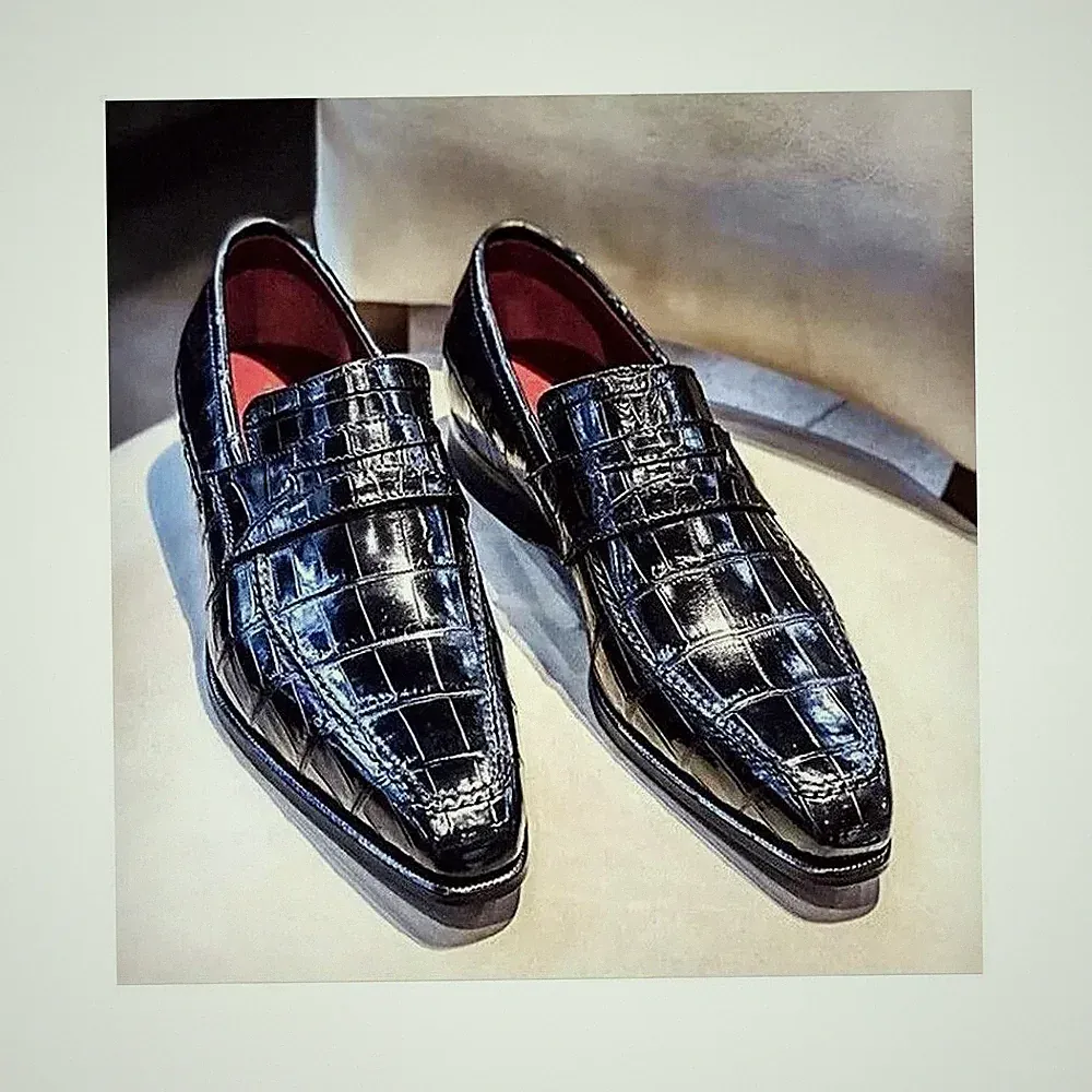 Herren Handgefertigt Schwarz Leder Krokodillextur Oxford Halbschuh Slipper Elegant Schuhe
