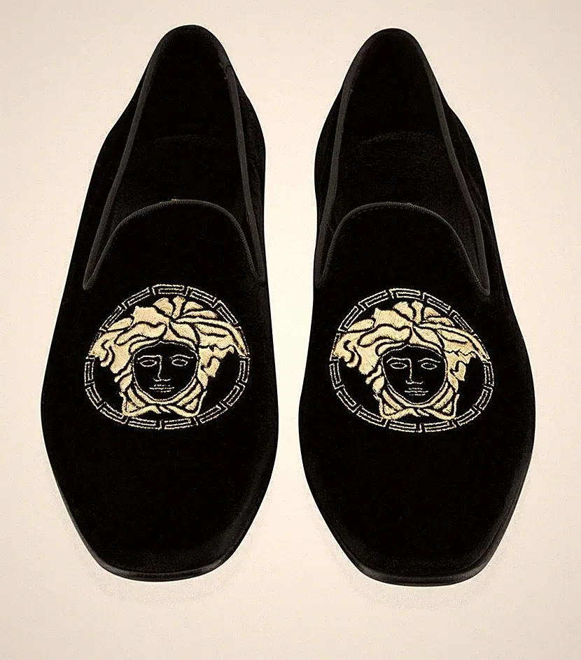 Herren Handgefertigt Schwarz Samt Bestickt Halbschuhe Party Slipper Formell Freizeitschuhe