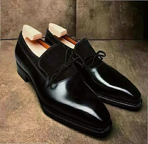 Herren Handgefertigt Zweifarbig Schwarz Wildleder & Leder Halbschuhe Slipper Männer Schuhe-ALLE GRÖßEN