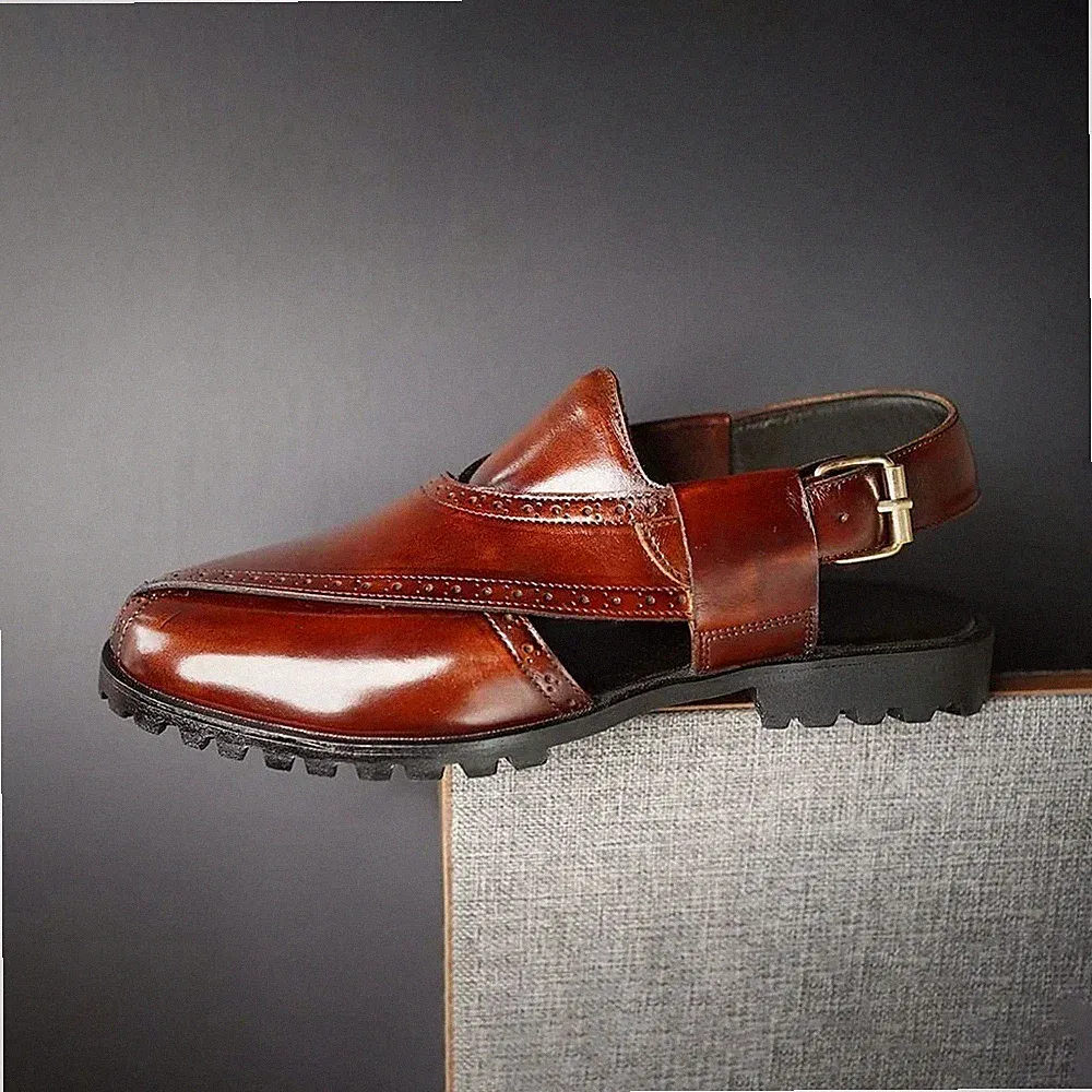 Herren Handgefertigte Kalbsleder Formelle Sandalen Burgund Braun