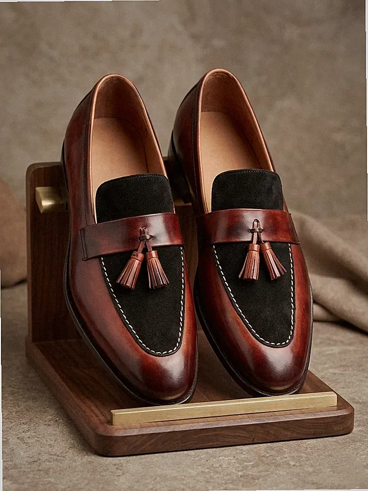 Herren Handgefertigte Lederschuhe Zweifarbig Braun & Schwarz Mokassins Formell Elegant Halbschuhe