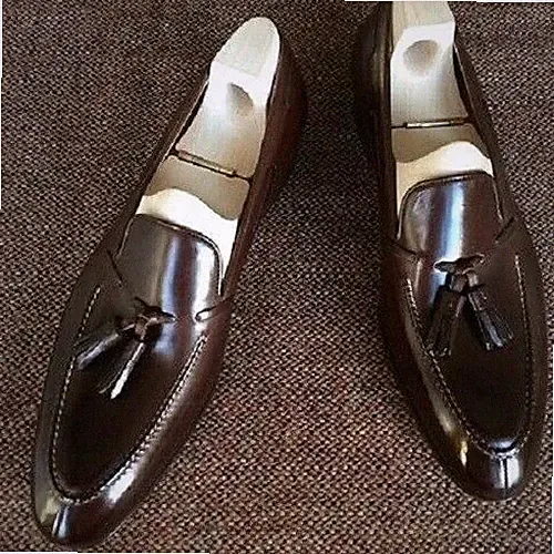 Herren Handgefertigte Schuhe Echt Braun Leder Quaste Mokassin Slipper Formelle Stiefel