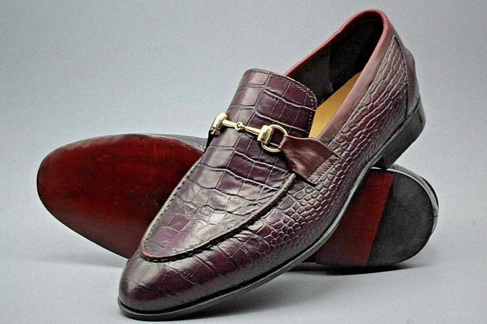 Herren Handgefertigte Schuhe Krokodil Mokassin Leder Braun & Lila Schattiert Formell Stiefel