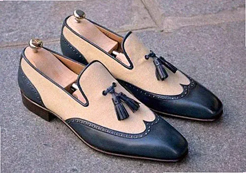 Herren Handgefertigte Schuhe Oxford Quasten Mokassins Zweifarbig Budapester Blau & Weiß Stiefel