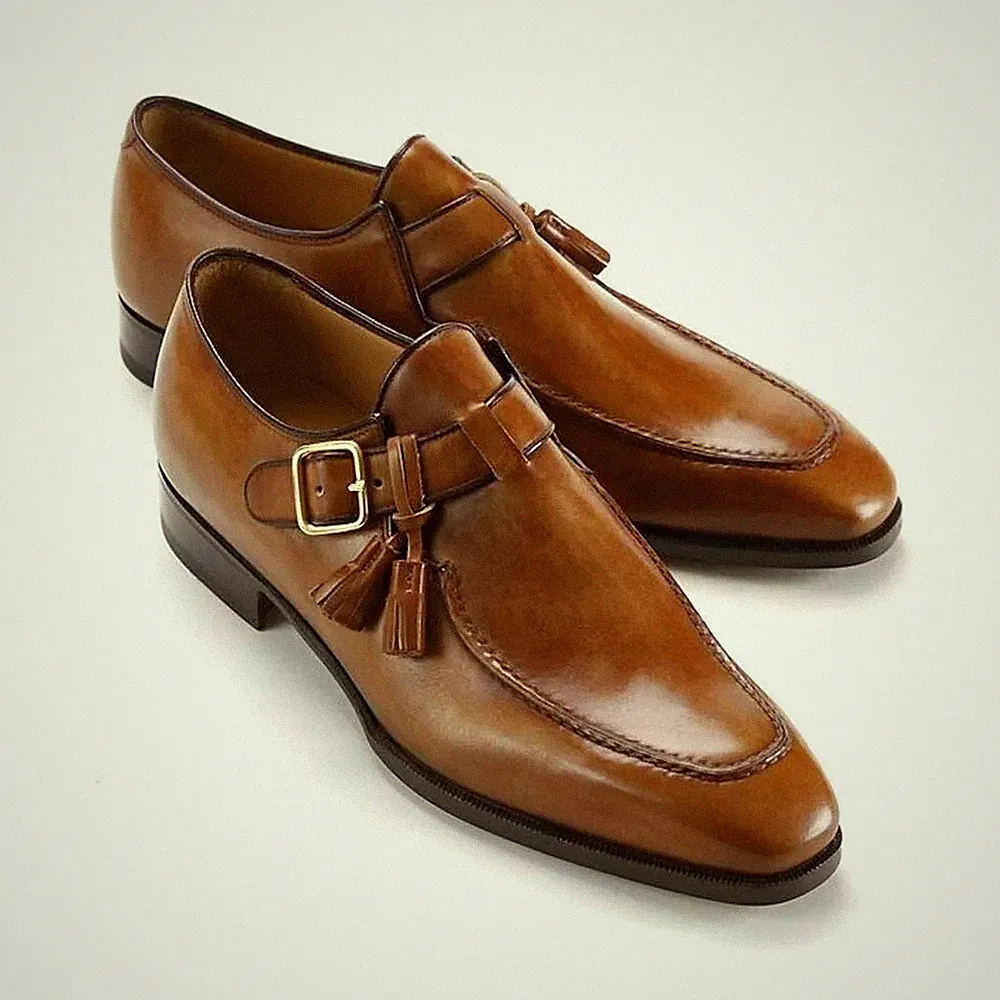 Herren Handgefertigte Single Monk Strap Herren Leder Loafer Braune Quasten Kleid