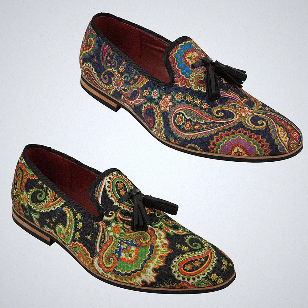 Herren Leder Eichel Mokassin Vintage Designer Style Print Paisley Schuh Blau