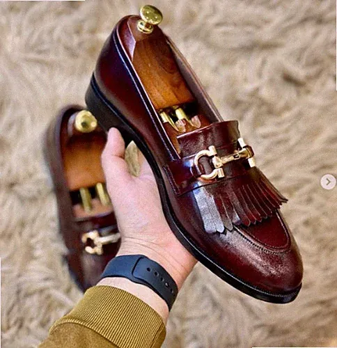 Herren Leder Schuhe Handgefertigt Burgund Halbschuh Gebiss mit Fransen Leger Neu Slipper