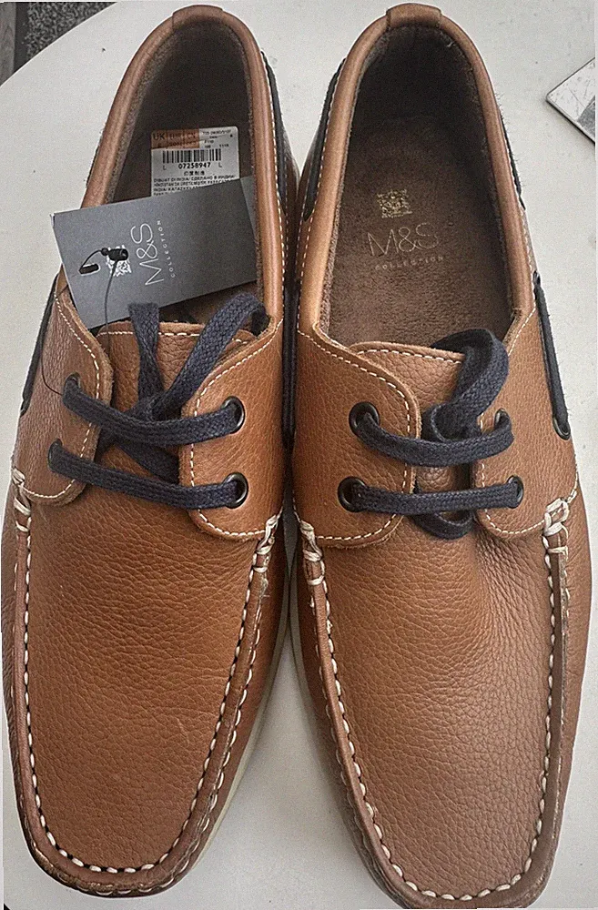 Herren M&S Collection Hellbraun Leder Flach Deck Boot Schuhe Halbschuhe Uk 6 Brandneu
